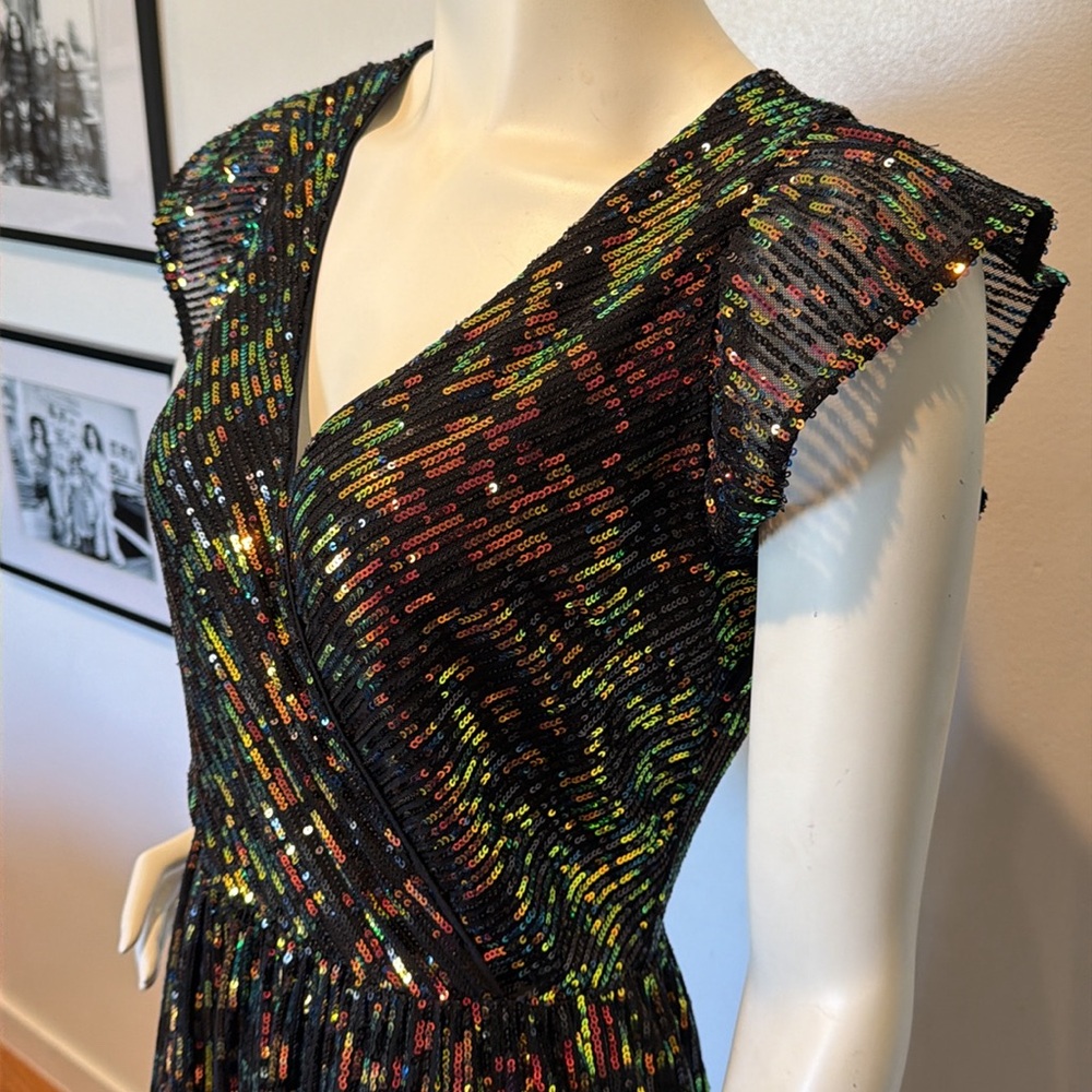 NWT Iridescent Sequin Faux Wrap Midi Dress Flutter Sleeves V Neck Midi Dress